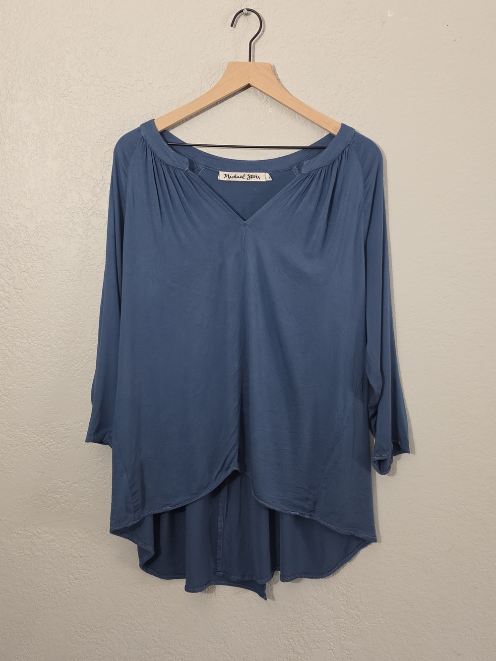 Michael Stars High Low Drape Tunic Top Blue Split Back VNeck 3/4 Sleeve Women M
